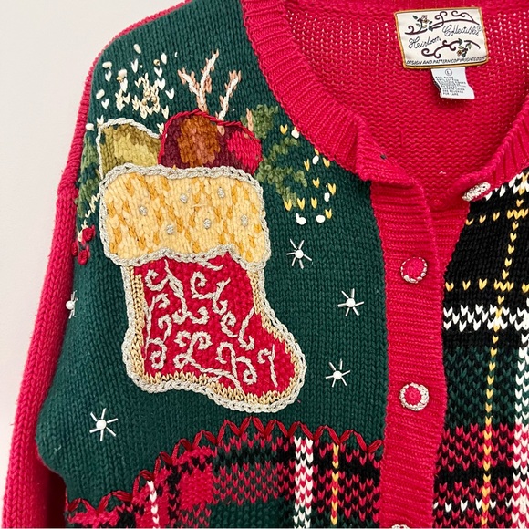 Vintage Chunky Knit Mixed Media Christmas Cardigan Sweater - Picture 7 of 16